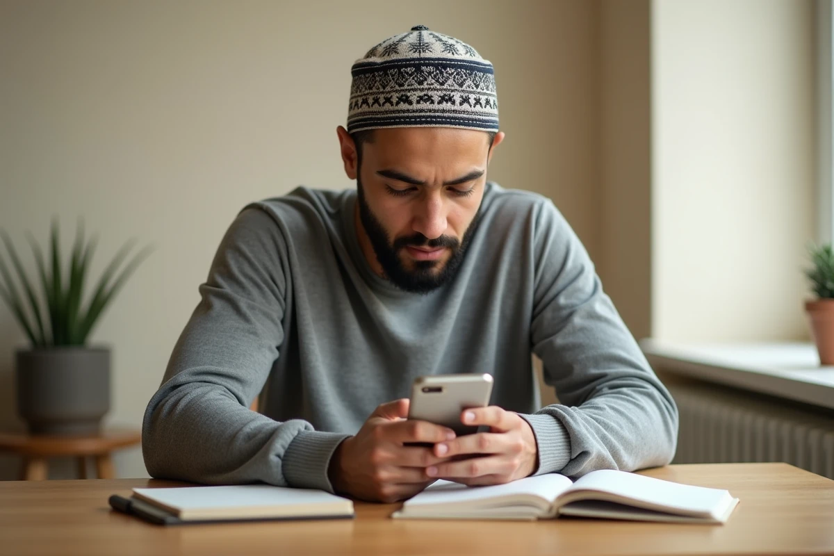 Jeune homme concentré rédigeant un message de vœux pour le ramadan sur son smartphone, assis à un bureau minimaliste