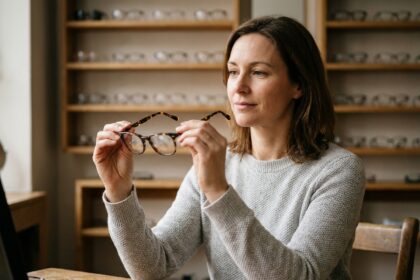 Femme essayant des lunettes chez l'opticien avec le remboursement mutuelle
