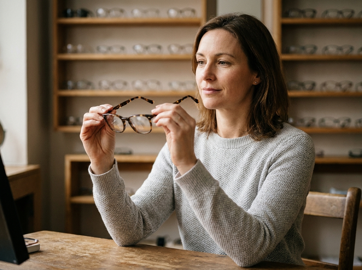 Femme essayant des lunettes chez l'opticien avec le remboursement mutuelle