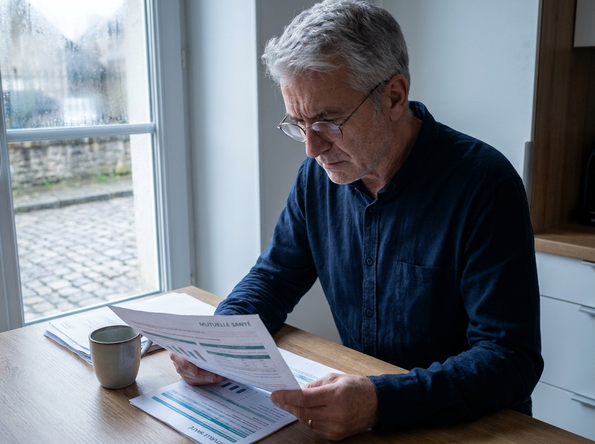 Homme lisant sa documentation de remboursement optique à la maison
