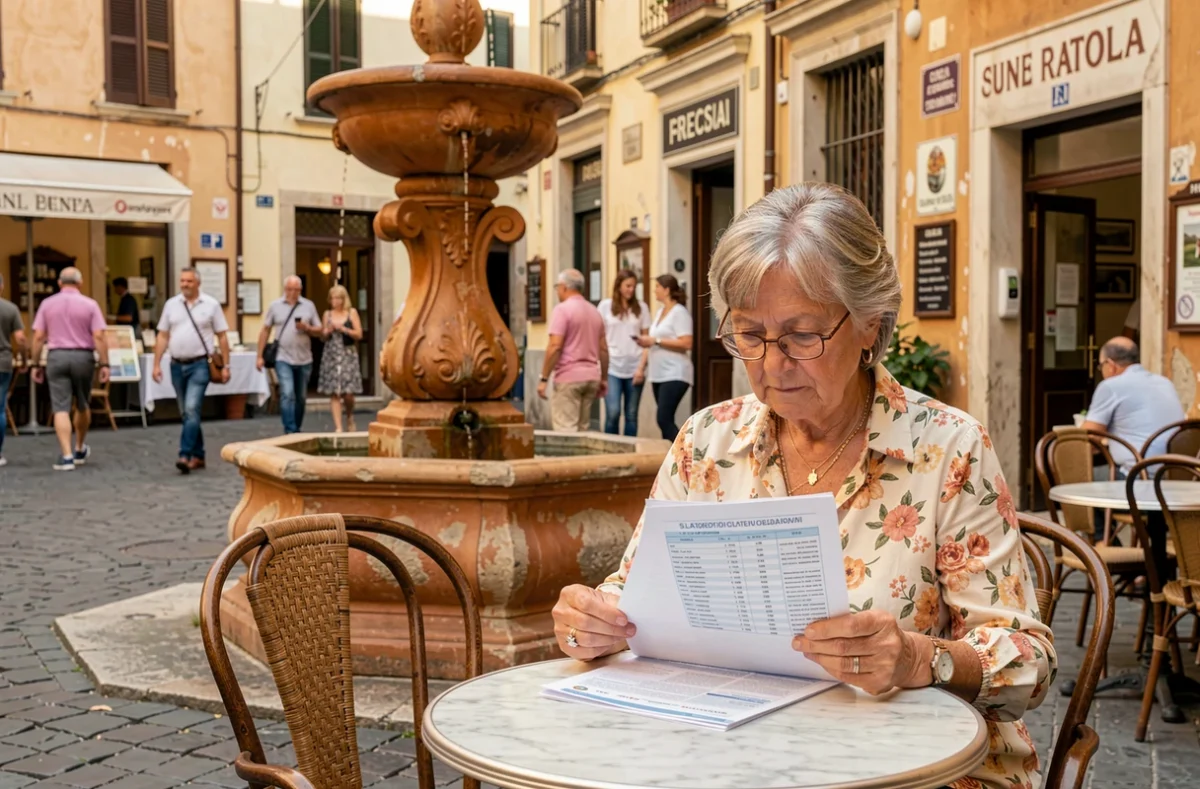 Retraitée française consultant des annonces immobilières italiennes dans un café de village