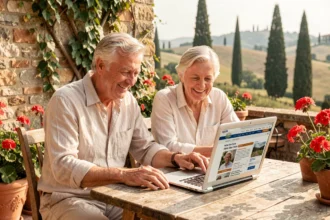 Couple de retraités français parcourant le site Bon Coin Italie sur une terrasse toscane