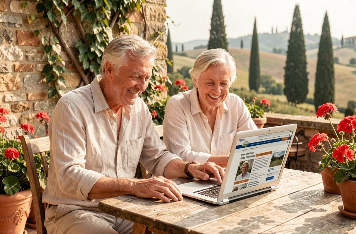 Couple de retraités français parcourant le site Bon Coin Italie sur une terrasse toscane