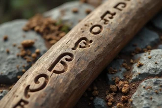 Gros plan sur des runes vikings sculptées dans du bois ancien posé sur une pierre, illustration de l'écriture runique nordique