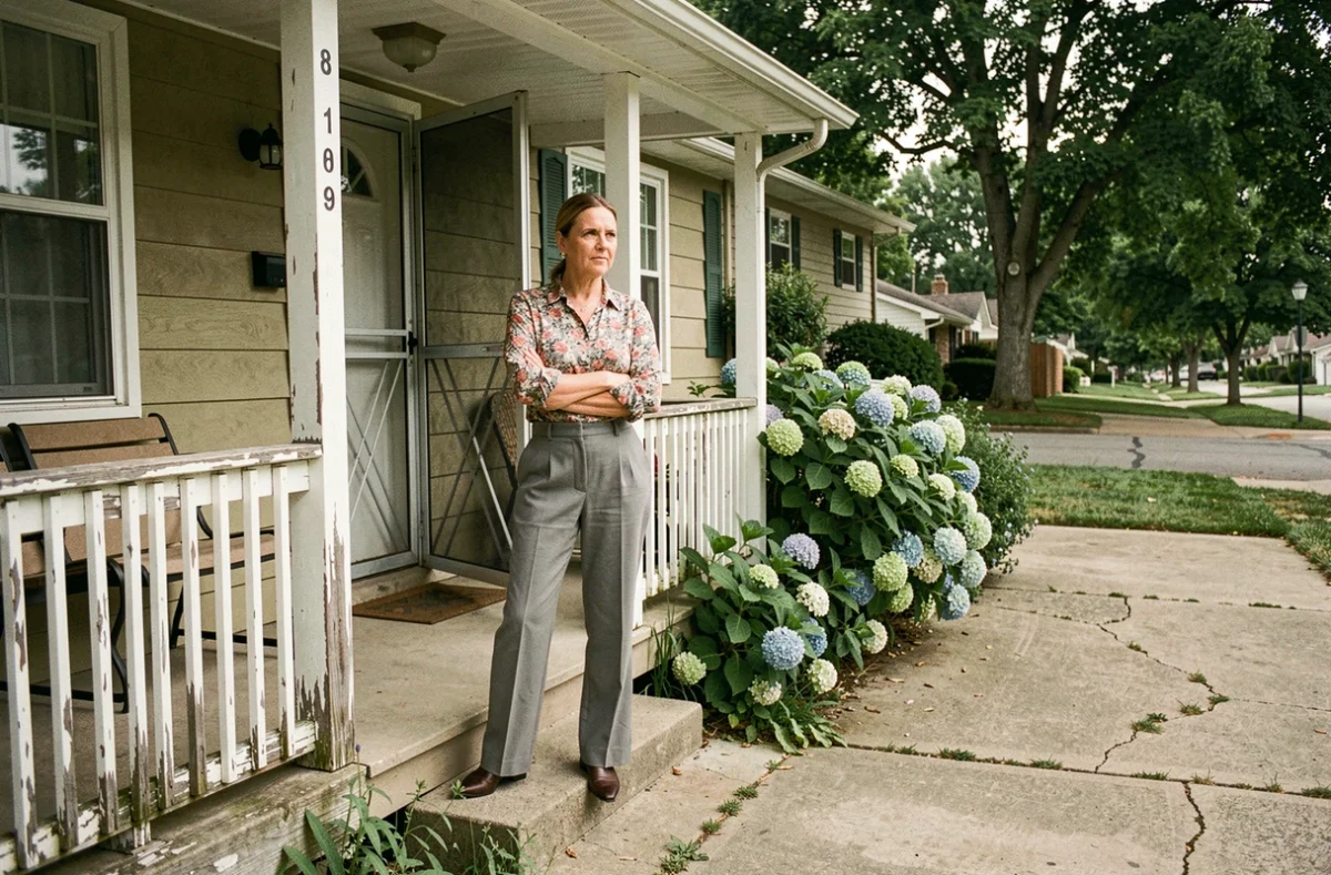 Femme d'âge moyen debout sur le porche d'une maison pavillonnaire américaine des années 1980, posture défensive, atmosphère de banlieue ordinaire dissimulant un passé trouble