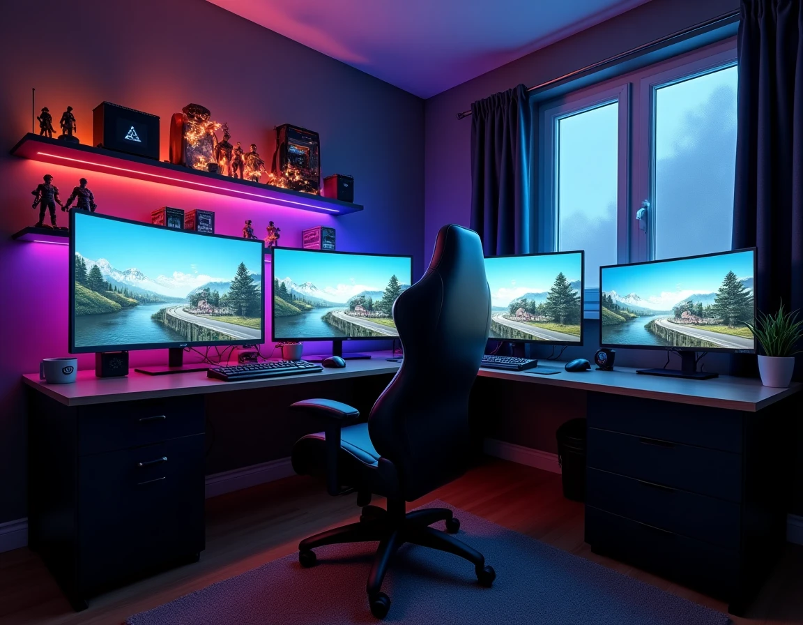 Salle de gaming avec setup PC affichant un jeu de simulation de vie et collection de figurines