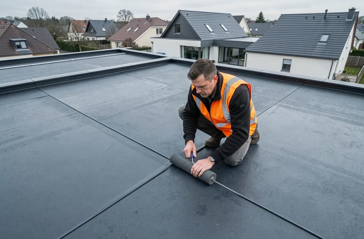 Couvreur de Schwartz Couverture posant une membrane EPDM sur une extension résidentielle moderne dans le Bas-Rhin