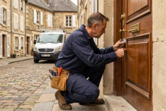 Serrurier professionnel intervenant sur une porte d'entrée dans une rue typique du Maine-et-Loire