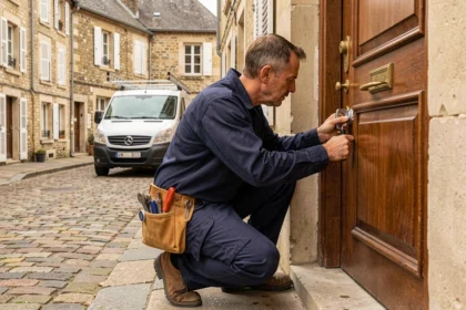 Serrurier professionnel intervenant sur une porte d'entrée dans une rue typique du Maine-et-Loire