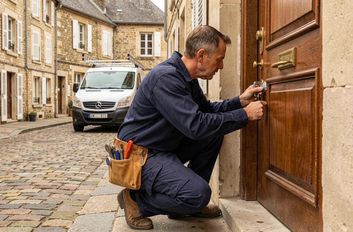 Serrurier professionnel intervenant sur une porte d'entrée dans une rue typique du Maine-et-Loire