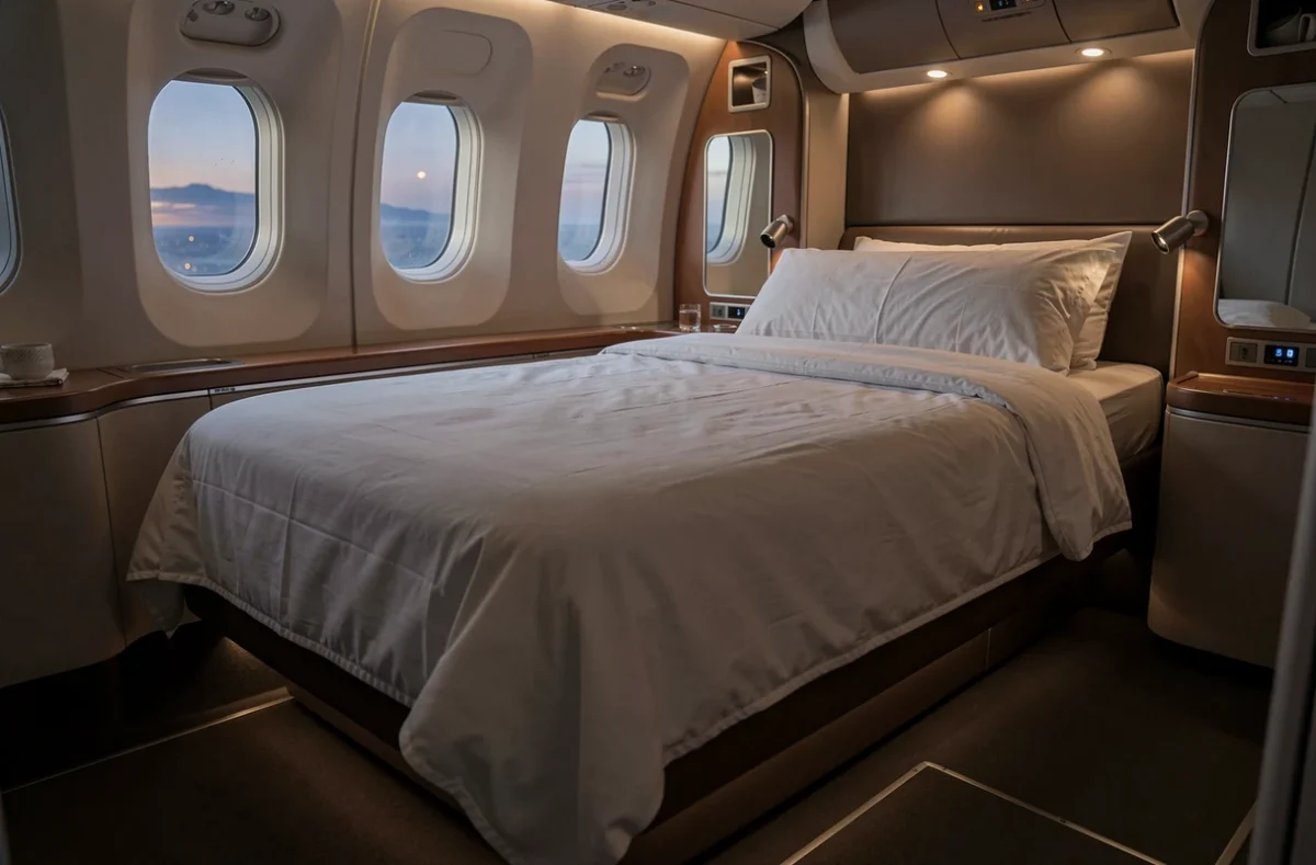 Siège de classe business transformé en lit plat avec couette et oreiller