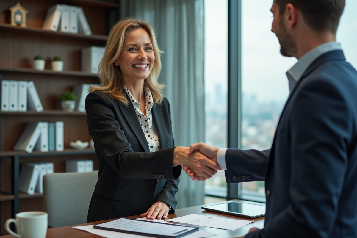 Femme d age signant un contrat immobilier avec un agent