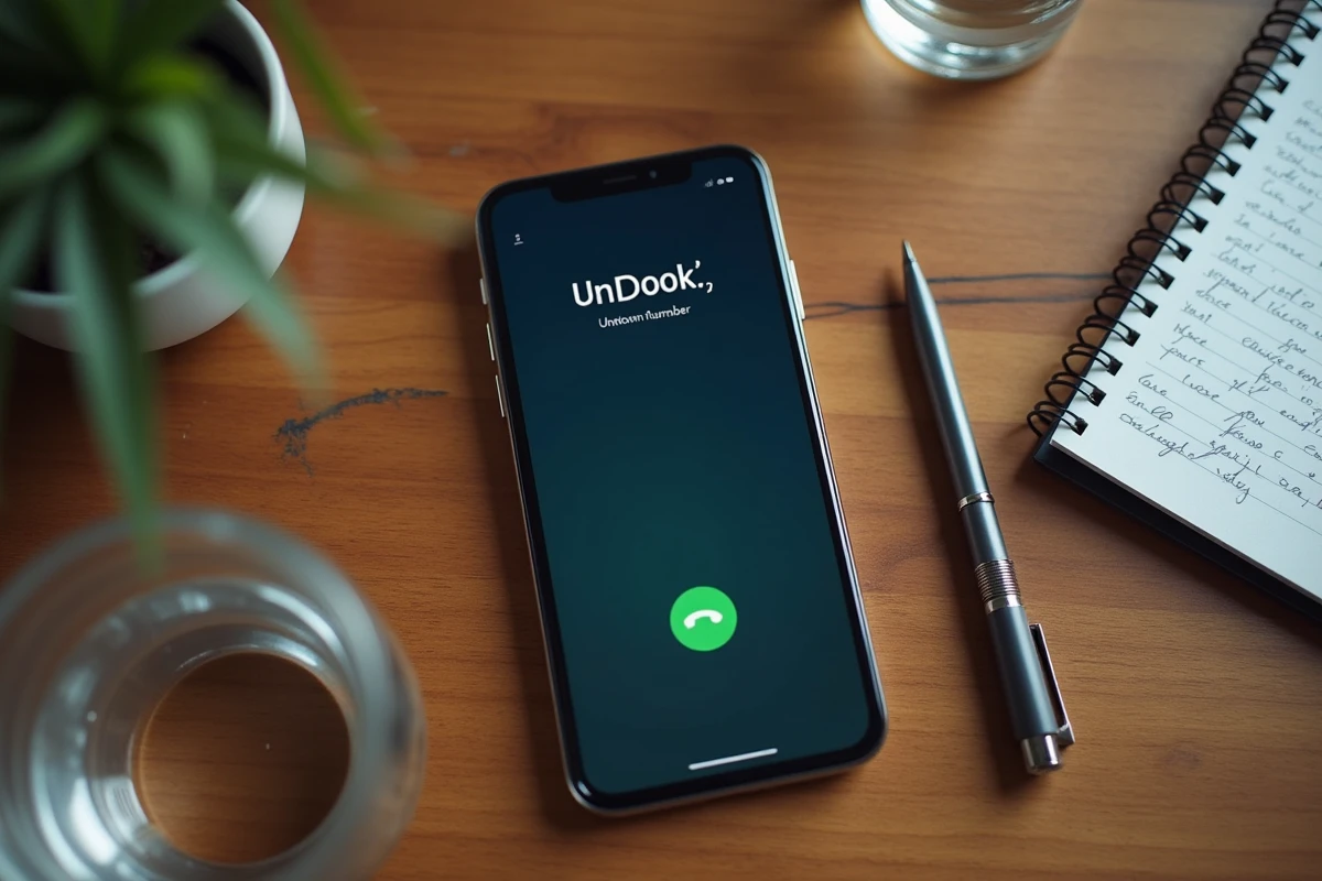 Gros plan d'un smartphone affichant un numéro inconnu posé sur un bureau avec un bloc-notes
