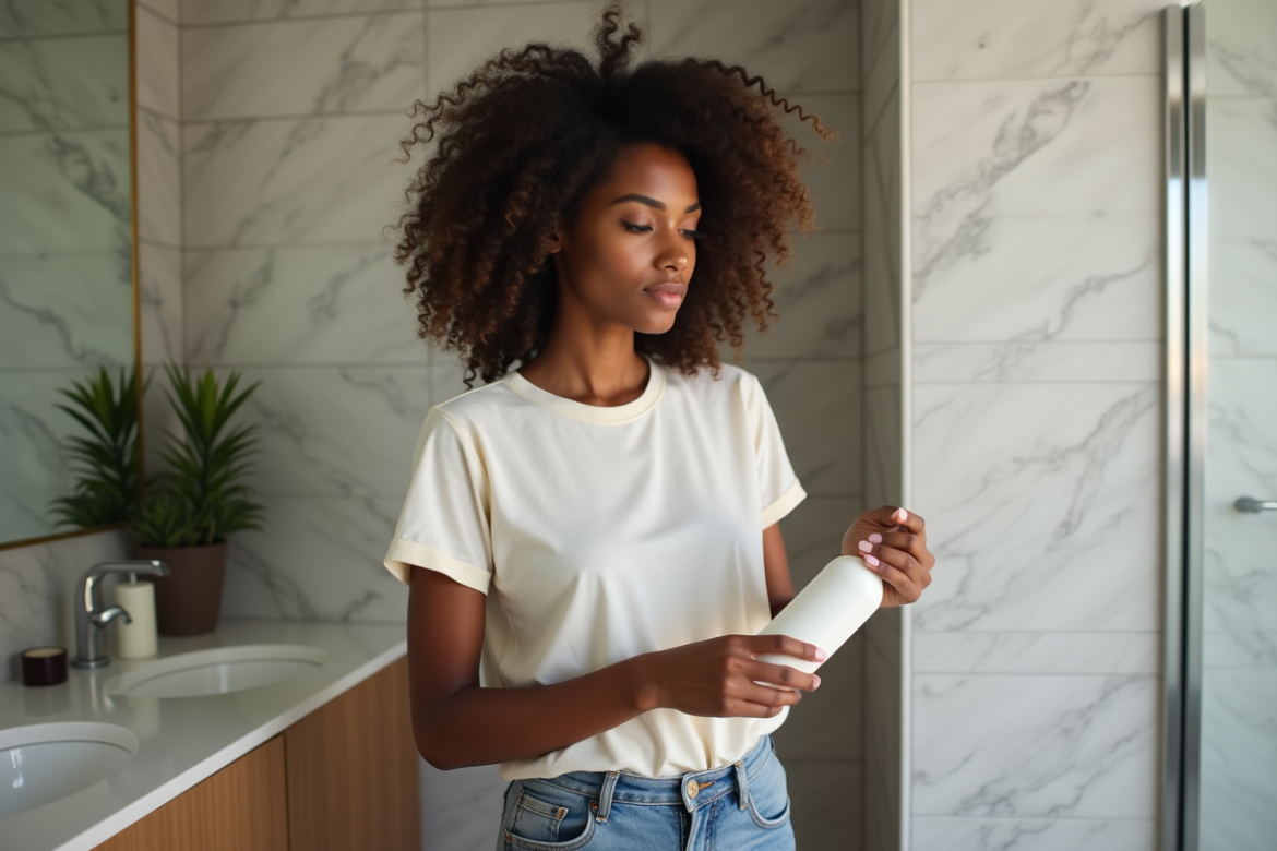 Jeune femme noire massant ses cheveux bouclés