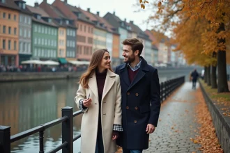 Couple romantique se promenant le long de l'Ill à Strasbourg dans le quartier de la Petite France en automne