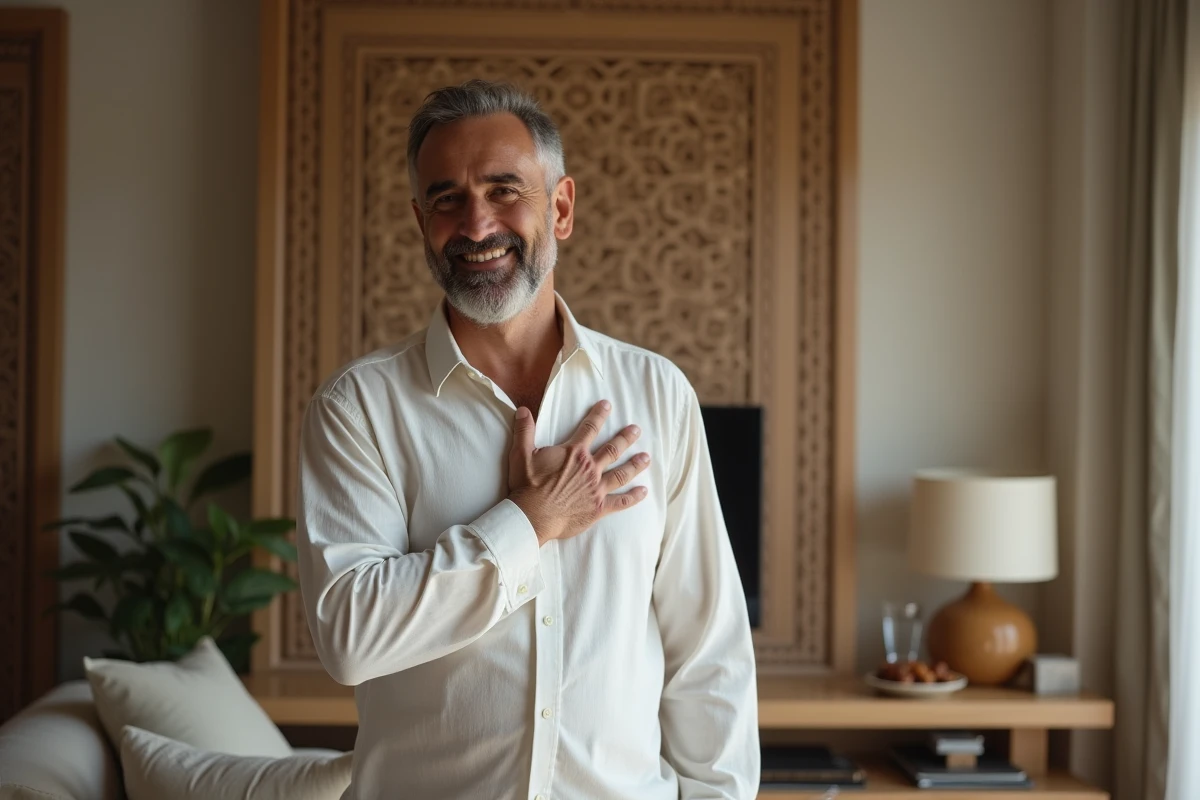 Homme souriant souhaitant un bon ramadan à un ami en posant la main sur le cœur, dans un salon décoré avec des motifs arabes traditionnels