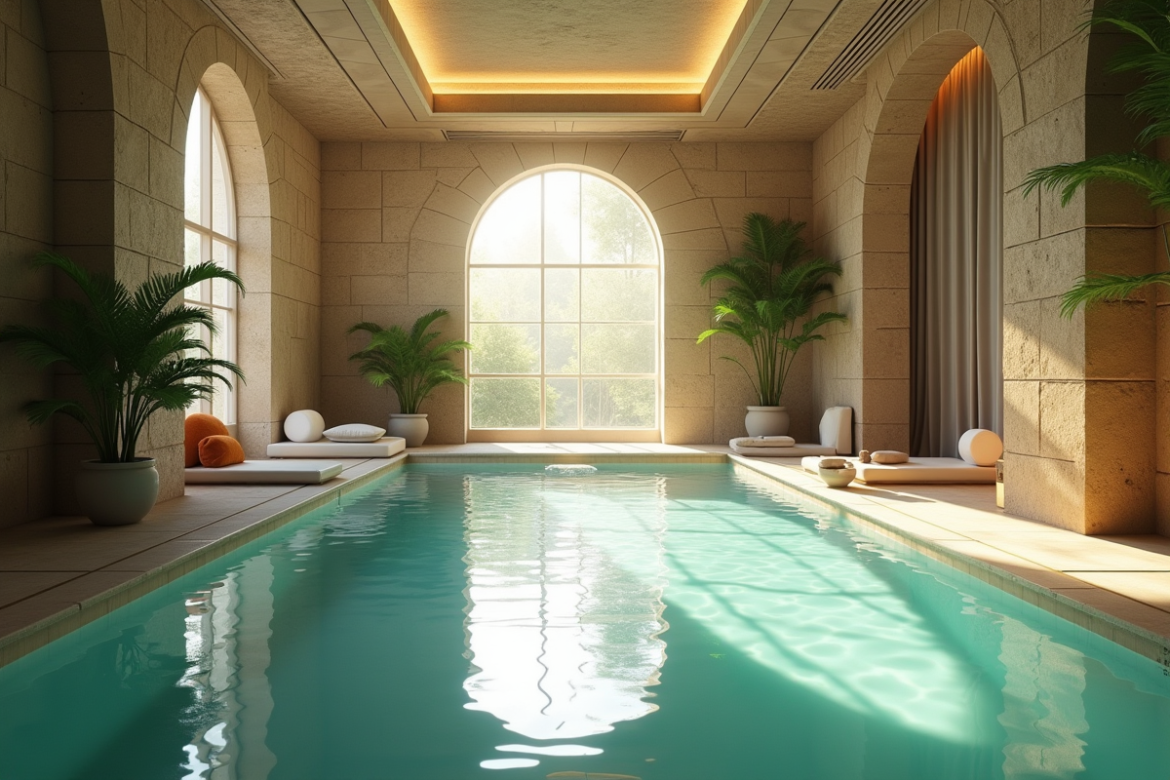 Spa intérieur luxueux avec piscine lumineuse et plantes vertes