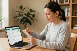 Femme consultant un suivi de colis LP Collect sur son ordinateur portable à son bureau à domicile