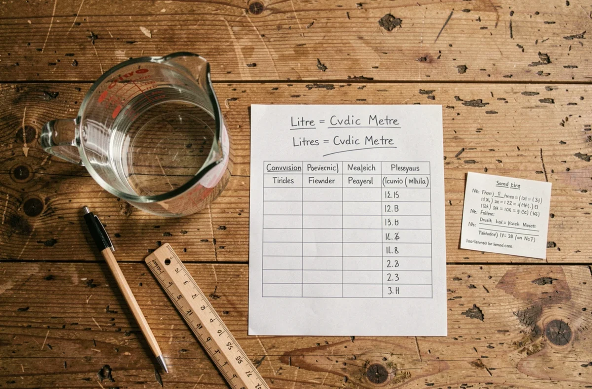 Vue aérienne d'un tableau de conversion litres en m3 manuscrit posé sur une table en bois avec un verre gradué