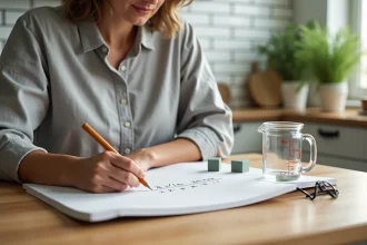 Femme écrivant un tableau de conversion m3 en litres dans un carnet sur un plan de travail en bois avec un pot gradué et un cube en plastique