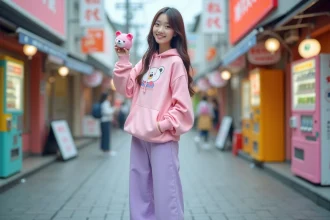 Jeune femme en tenue kawaii pastel avec hoodie rose et sneakers plateformes dans une rue commerçante de style Tokyo