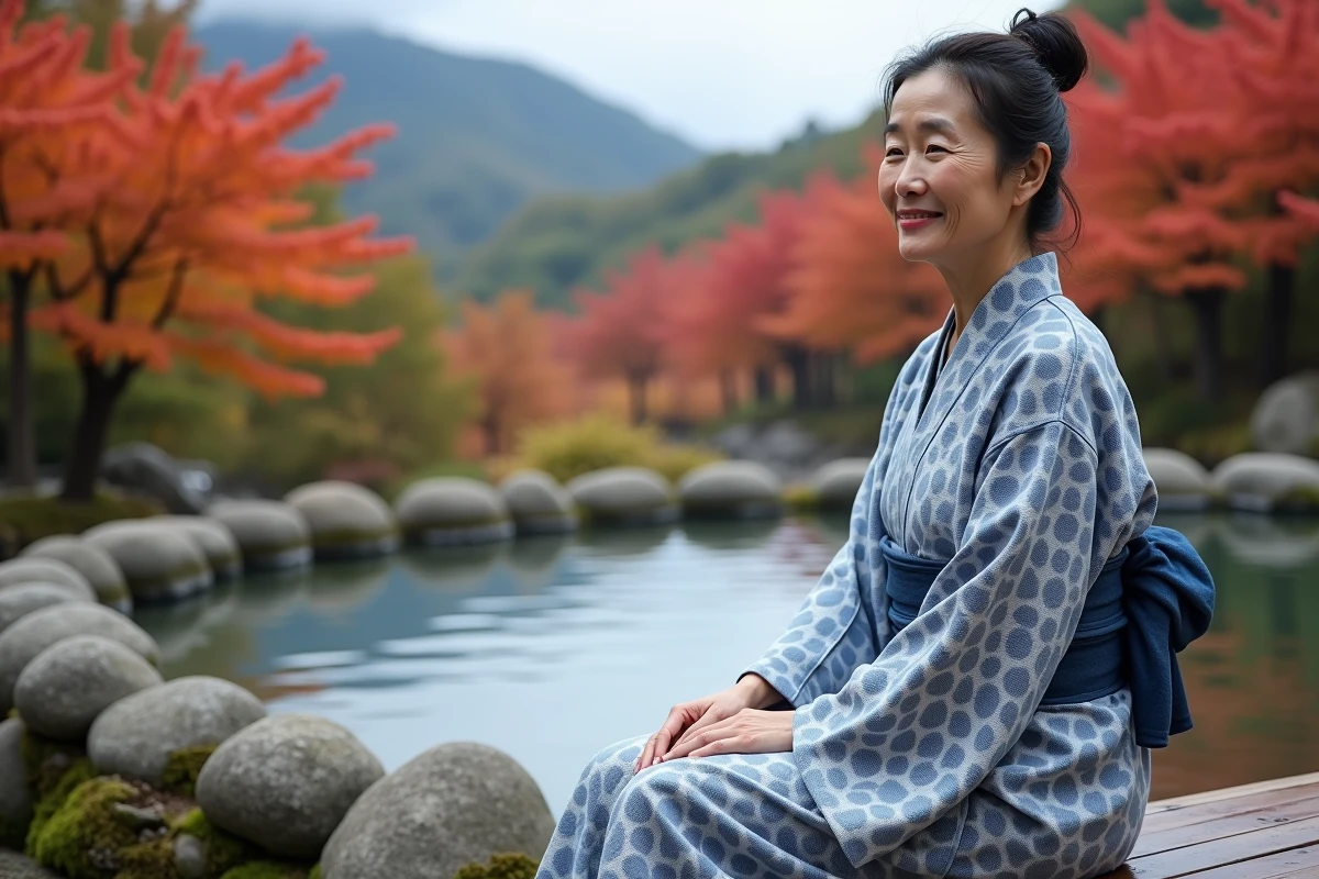 Femme japonaise en yukata indigo assise près d'un rotenburo extérieur entouré de feuillage automnal au Japon