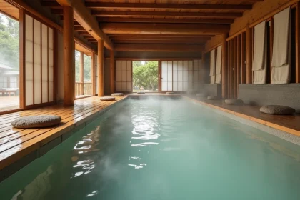 Intérieur d'un onsen japonais traditionnel avec bassin d'eau thermale minérale bleutée et décoration en bois de cèdre et bambou
