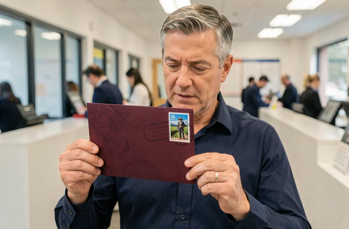 Homme tenant une enveloppe bordeaux décorée avec un timbre correctement positionné dans le coin droit dans un bureau de poste