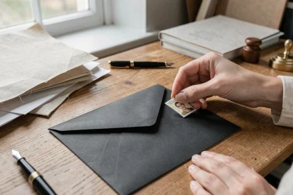 Femme plaçant un timbre dans le coin supérieur droit d'une enveloppe noire mate sur un bureau en bois