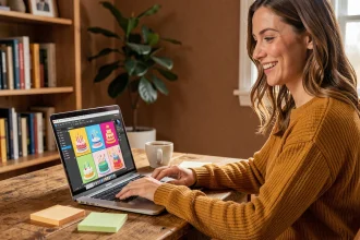 Femme souriante qui transforme une photo en GIF d'anniversaire rigolo sur son ordinateur portable dans un bureau cosy
