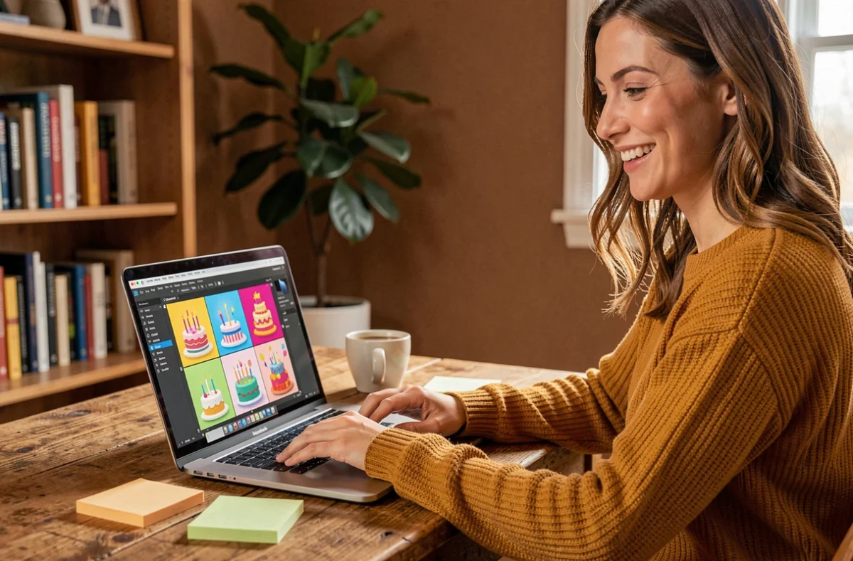 Femme souriante qui transforme une photo en GIF d'anniversaire rigolo sur son ordinateur portable dans un bureau cosy