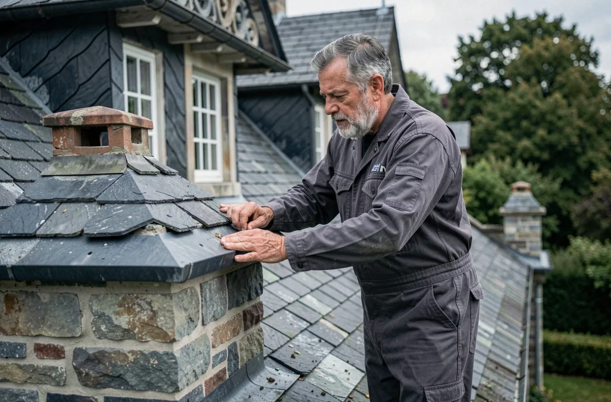 Artisan d'Umbdenstock inspectant les solins d'une cheminée sur une villa bourgeoise alsacienne en ardoise