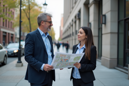 Urbaniste en ville avec carte de zonage et mairie moderne