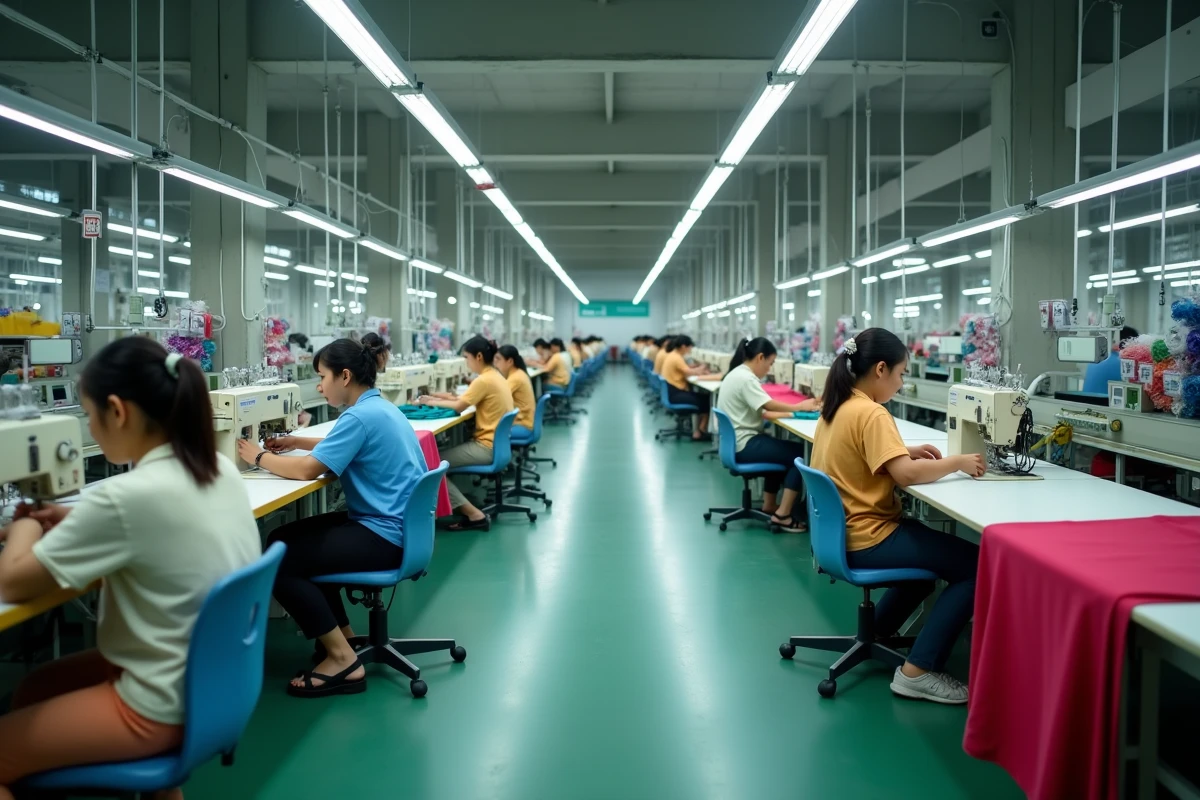 Atelier de confection textile en Asie du Sud-Est illustrant la spécialisation d'un pays à forte dotation en main-d'œuvre selon le modèle Heckscher-Ohlin