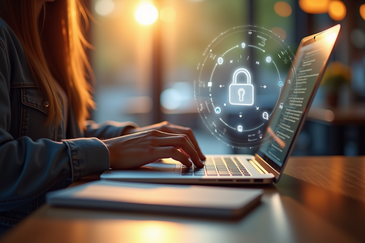 Personne utilisant un ordinateur portable dans un café lumineux avec icône de VPN
