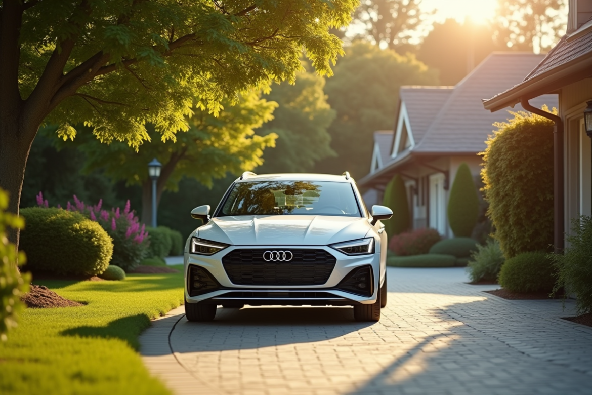 Voiture familiale moderne dans une allée sécurisée et bien éclairée