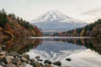 Volcan japonais enneigé reflété dans un lac avec feuillage automnal, vue grand angle paysage naturel