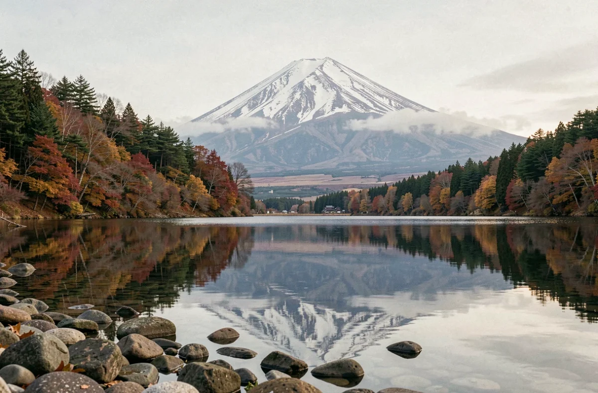 Volcan japonais enneigé reflété dans un lac avec feuillage automnal, vue grand angle paysage naturel