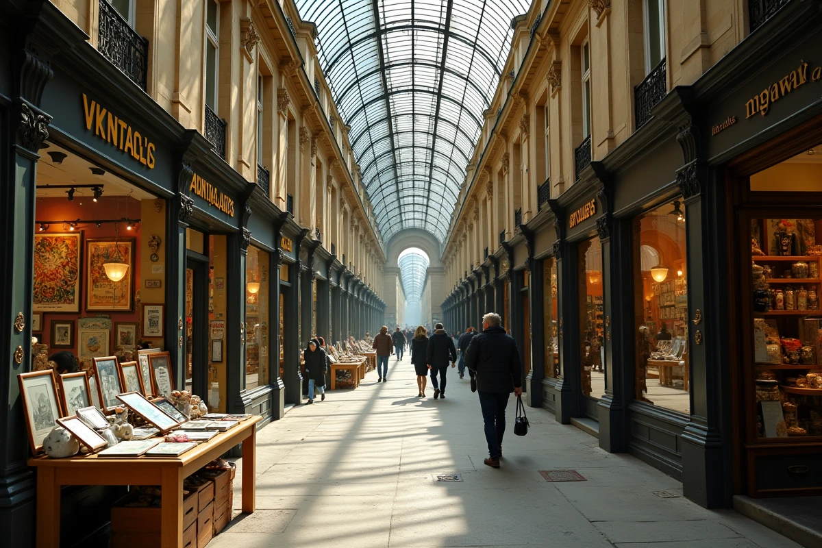 Vue en perspective d'un passage couvert parisien avec galerie vitrée en fonte, boutiques vintage et visiteurs se promenant parmi les curiosités