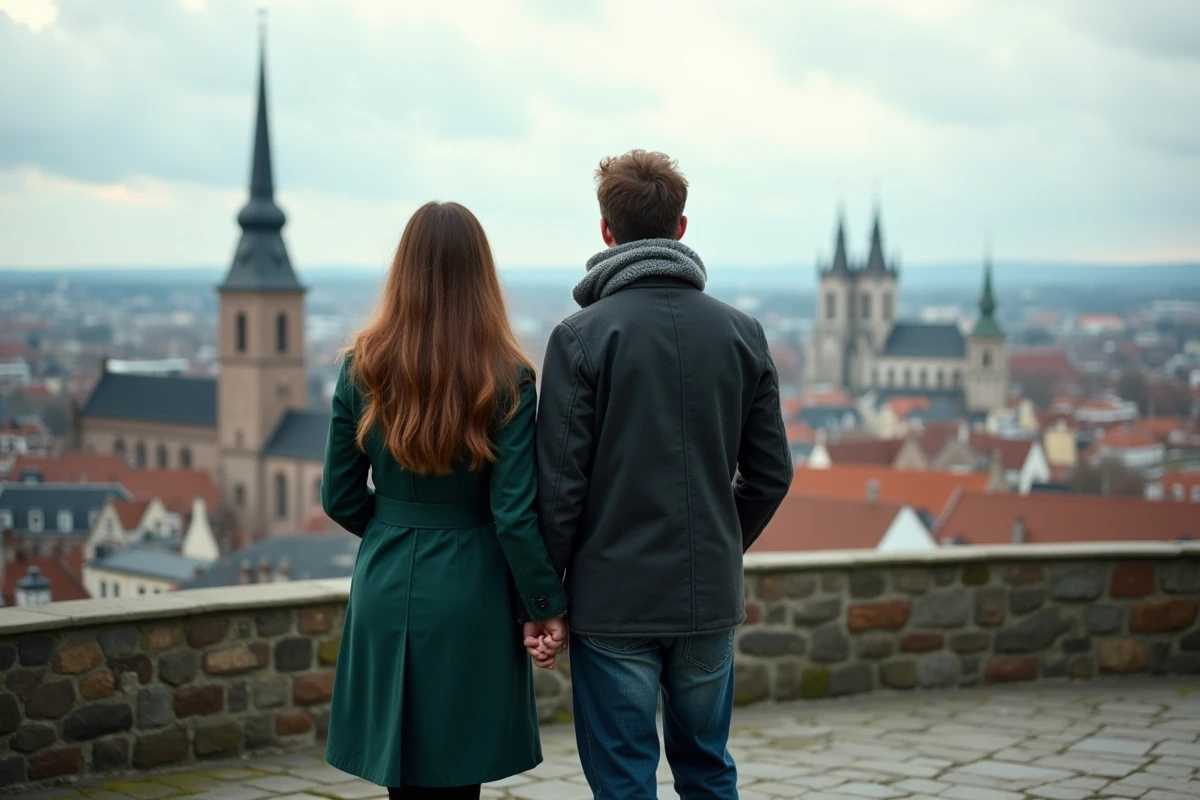 Couple main dans la main admirant le panorama de Strasbourg et la cathédrale depuis la terrasse du Barrage Vauban