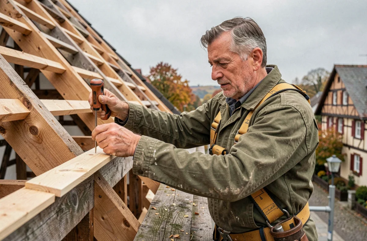 Couvreur de l'entreprise Wirth travaillant sur la charpente d'une maison alsacienne à colombages